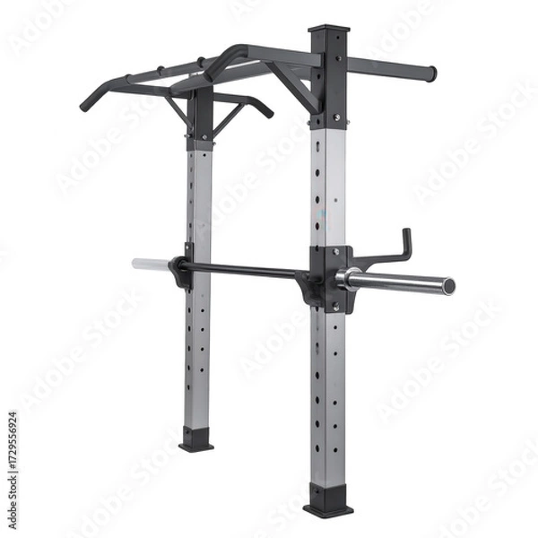 Fototapeta Robust and versatile weightlifting power rack featuring pull-up bars, designed to support heavy lifting exercises and workouts for physical fitness, offering a solid frame suitable for various...