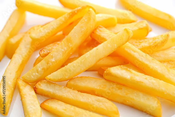 Obraz Closeup of golden and crispy french fries isolated on white background, a popular and delicious side dish or snack