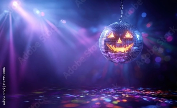 Fototapeta halloween disco ball with an illuminated jack-o'-lantern face on a dark background with colorful lights and rays of light, a halloween party concept with copy space Generative AI