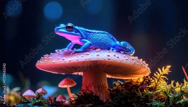 Fototapeta Fantasy frog on mushroom in magical forest with colorful glowing.