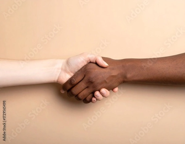 Fototapeta Black and white hands shaking, symbolizing unity, partnership, and racial diversity.