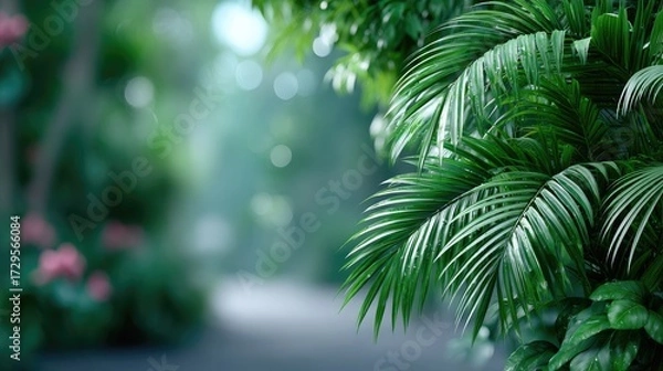 Fototapeta Lush Green Tropical Palm Fronds with Bokeh Sunlight in a Serene Garden Setting