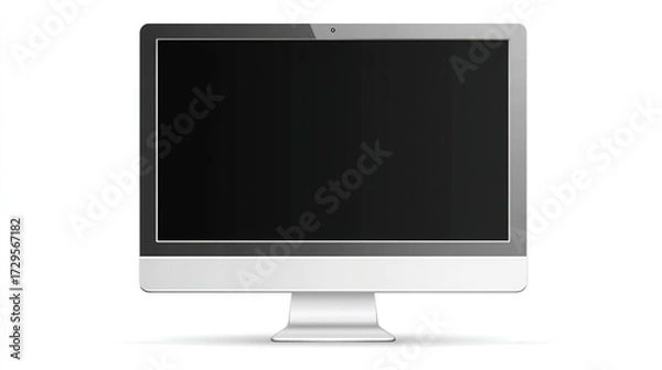 Fototapeta A sleek, silver desktop computer monitor with a dark, blank screen, sitting on a minimalist stand against a white background.  The subtle shadows enhance its modern design