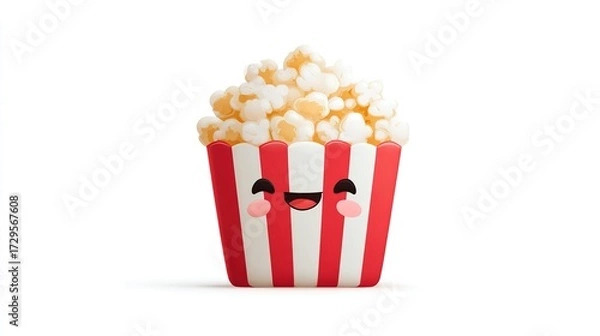 Fototapeta A smiling cartoon popcorn bucket overflowing with fluffy, golden kernels, against a clean white background