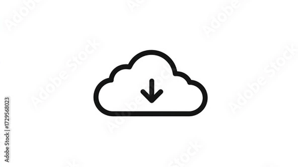 Fototapeta Simple black line drawing of a cloud with a downward arrow inside on white background