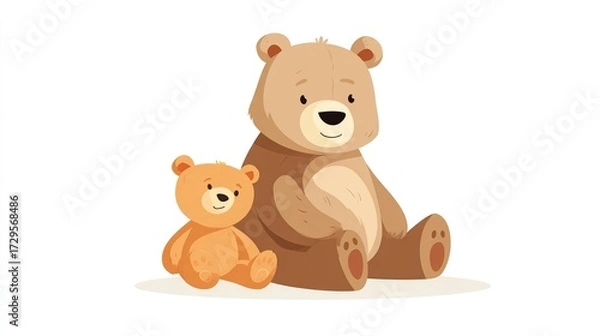 Fototapeta Two cartoon bears, one large and one small, sitting side by side.  Both have light brown fur, large eyes, and friendly expressions