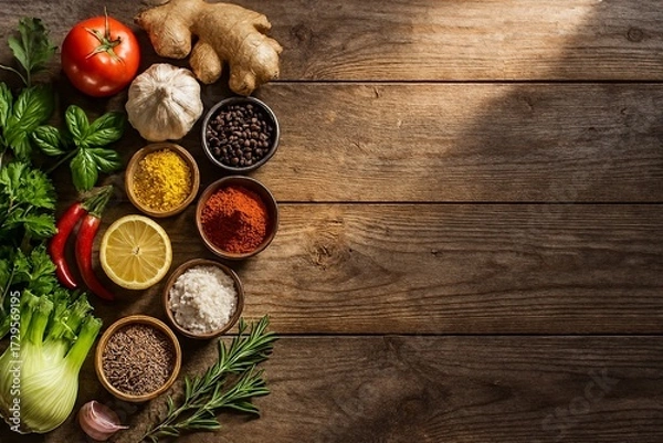 Obraz Fresh, earthy spice arrangement ideal for organic food branding and recipe content.