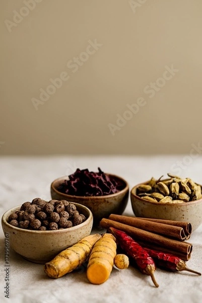 Obraz Artisanal spice display with organic textures for clean-label product marketing.