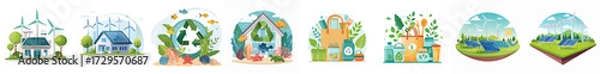 Fototapeta Eco Energy and Recycling Vector Bundle — Solar Homes, Wind Turbines, Sustainable Lifestyle, and Green Living Illustrations