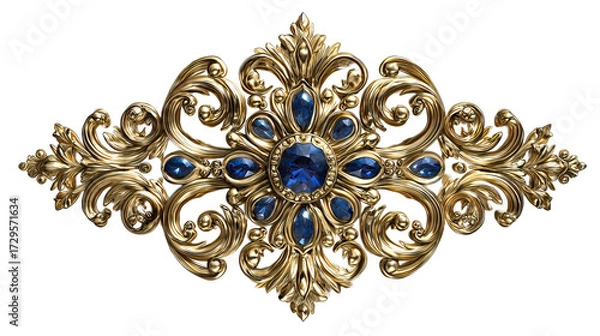 Fototapeta Elegant Golden Ornamental Swirl with Sapphire Gemstone on Transparent Background