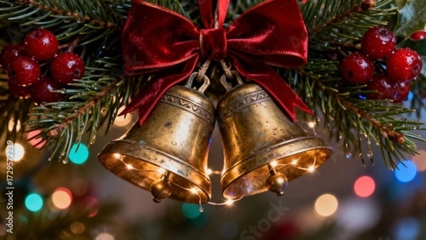 Fototapeta A Christmas tree adorned with shimmering ornaments under warm, glowing fairy lights. Christmas, Christmas Tree, Merry Christmas, Christmas Background, Christmas Lights