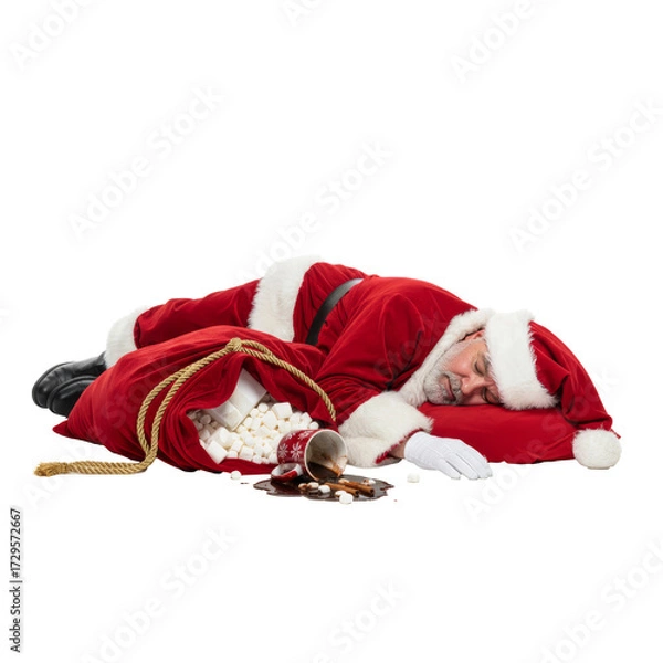 Fototapeta PNG cut out isolated background. A humorous photograph of a tired Santa Claus who has fallen fast asleep on the floor,