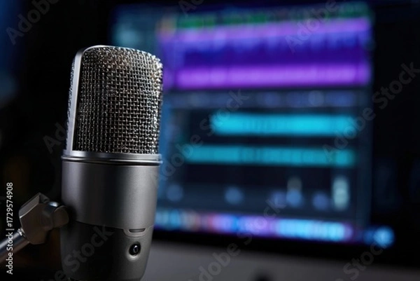 Fototapeta Microphone capturing sound for podcasting or broadcasting, with audio track editing software visible on a computer screen