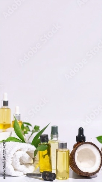 Fototapeta Flat lay of natural skincare ingredients: coconut oil, essential oils, and fresh coconut on white with copy space.