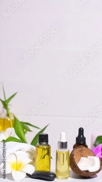 Fototapeta Flat lay of natural skincare ingredients: coconut oil, essential oils, and fresh coconut on white with copy space.