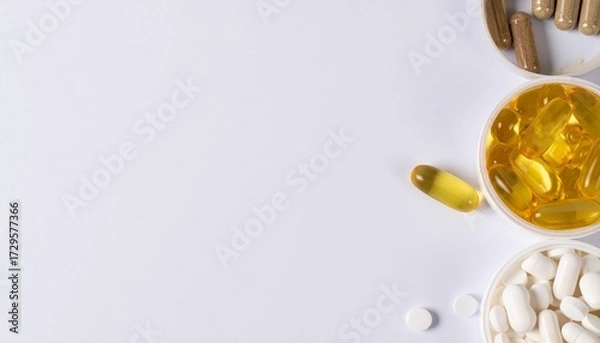 Fototapeta Mixed nutritional supplements, including softgels and capsules, in various colors on a white background. Generated image