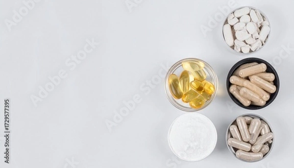 Fototapeta Mixed nutritional supplements, including softgels and capsules, in various colors on a white background. Generated image