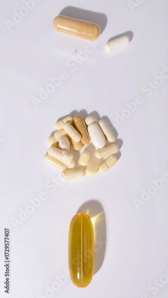 Fototapeta Mixed nutritional supplements, including softgels and capsules, in various colors on a white background. Generated image