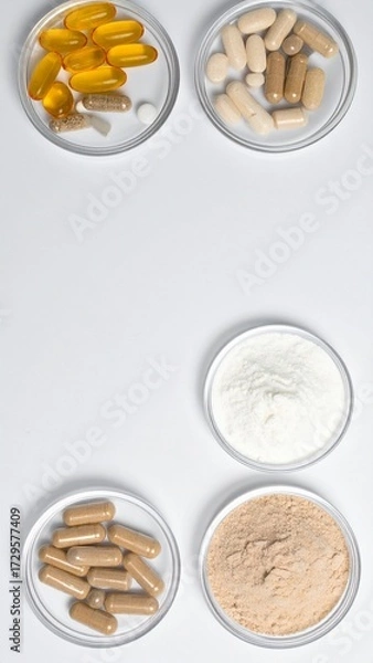 Fototapeta Mixed nutritional supplements, including softgels and capsules, in various colors on a white background. Generated image