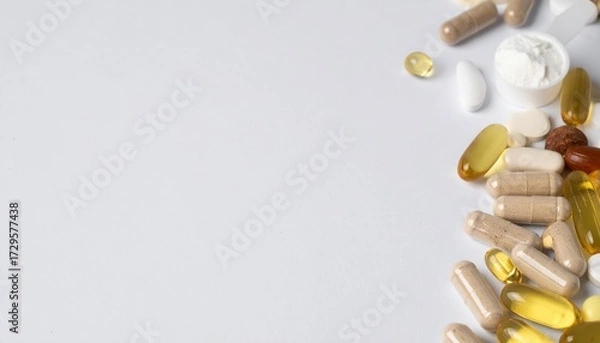 Fototapeta Mixed nutritional supplements, including softgels and capsules, in various colors on a white background. Generated image