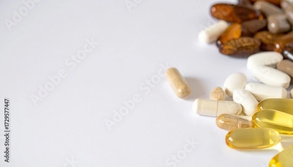 Fototapeta Mixed nutritional supplements, including softgels and capsules, in various colors on a white background. Generated image
