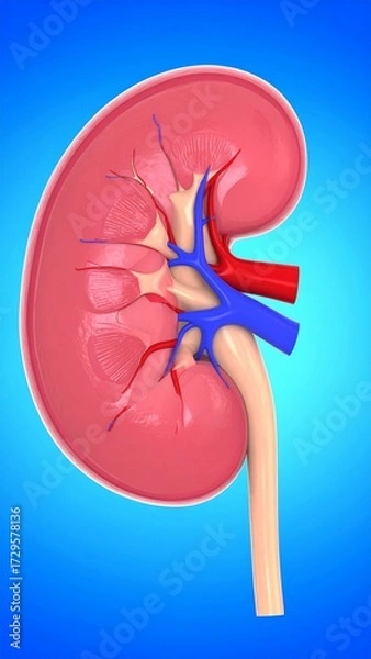 Fototapeta Detailed 3D anatomical illustration of bisected human kidneys revealing internal structures, major blood vessels, and ureters against a blue background. Generated image