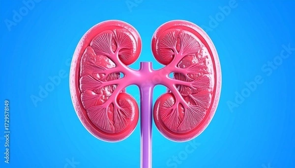 Fototapeta Detailed 3D anatomical illustration of bisected human kidneys revealing internal structures, major blood vessels, and ureters against a blue background. Generated image