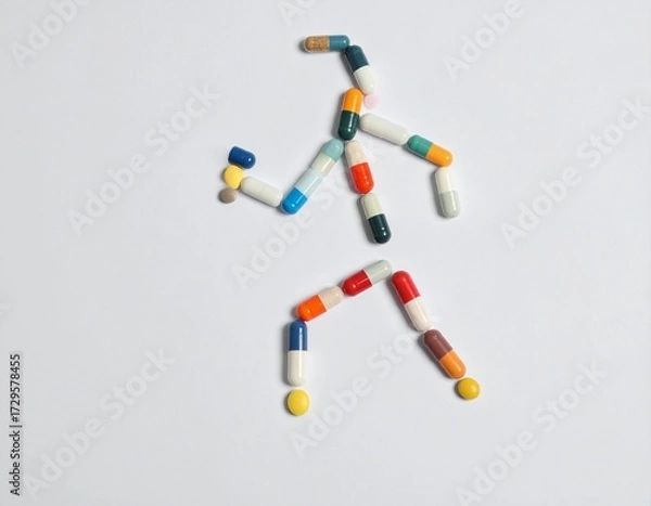 Fototapeta Stick figure of a person running, formed by colorful pharmaceutical pills, tablets, and capsules on a white background. Generated image