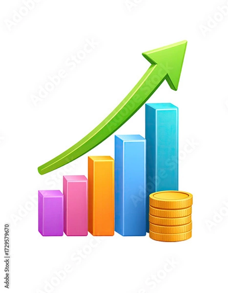 Fototapeta Colorful bar graph with upward trending arrow and coins