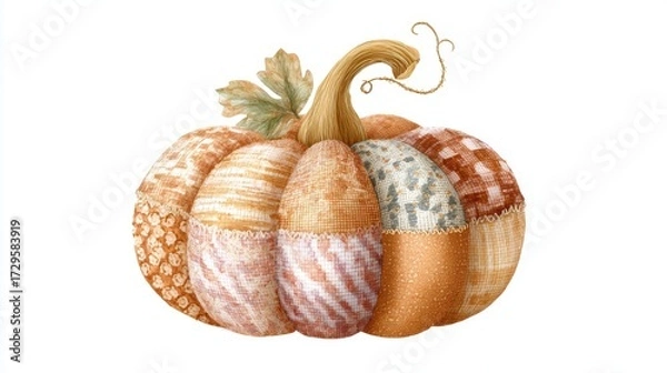 Fototapeta Handmade patchwork pumpkin collage crafted from fabric pieces in warm autumn tones, isolated on white.