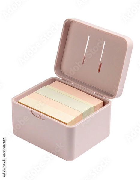 Fototapeta A light mauve-pink rectangular box, open, holds multi-colored sticky notes.  The box has a snap-closure, and vents are visible
