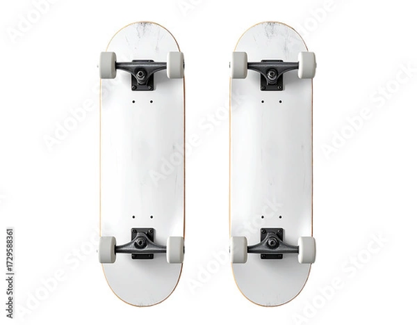 Fototapeta Two identical skateboards, top-down view, showing white marble-patterned decks and black trucks and wheels