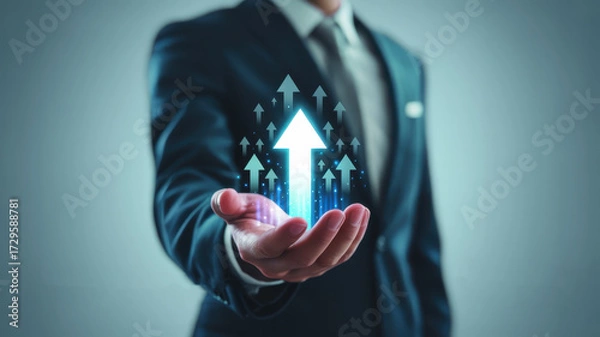 Fototapeta A businessman in a suit holds a glowing arrow pointing upwards, symbolizing growth, success, and positive trends in business and finance
