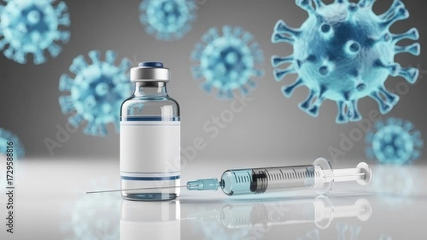 Fototapeta Vial of vaccine and syringe for immunization against virus, illustrating the medical response to infectious disease and healthcare