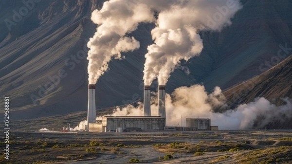 Fototapeta Power plant with smoke stacks emitting smoke into the atmosphere against a backdrop of mountains and a clear sky in a rural environment