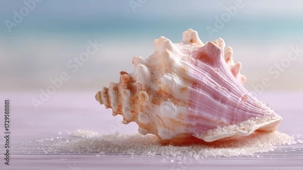 Fototapeta Macro Shot of a Seashell on Beach with Blue Sea and Sky in Background