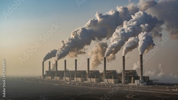 Fototapeta Power plant spewing smoke into the atmosphere, contributing to air pollution and climate change, a pressing environmental concern today