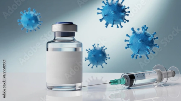 Fototapeta Vaccine vial with blank label and syringe with vaccine liquid and virus on background concept of vaccination, immunization, treatment