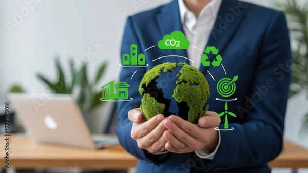 Fototapeta Businessman holding green earth globe in hands with environment icons concept of ecology, environmental protection, and sustainable development