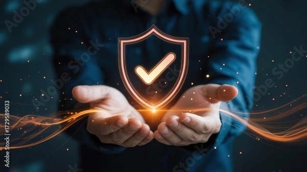 Fototapeta Person holding a shield with a checkmark, symbolizing security, protection, and trust in a digital or cybersecurity context with glowing effects