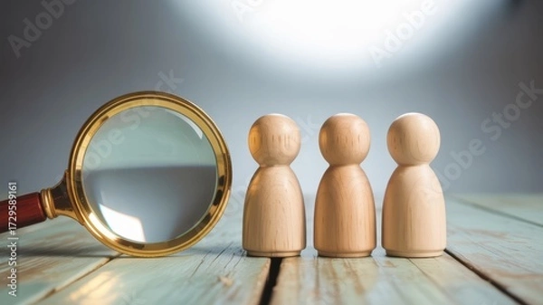 Fototapeta Wooden figures and magnifying glass on a table isolated on white background, concept of human resources and recruitment, search for employee