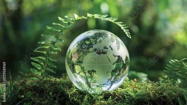 Fototapeta Crystal globe displaying the world map nestled among lush greenery, representing environmental consciousness and sustainable living practices