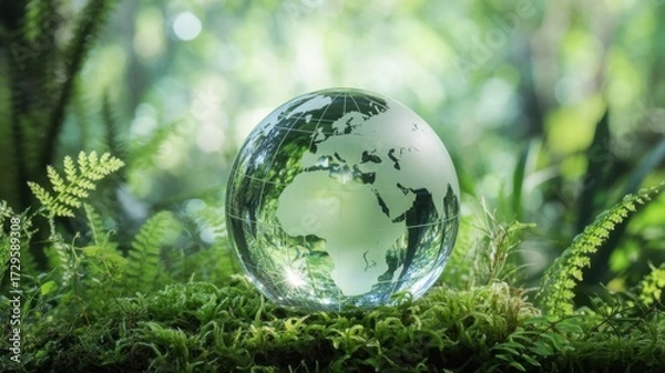 Fototapeta Glass globe showing the world map sitting in a lush green forest, symbolizing environmental awareness and sustainability efforts