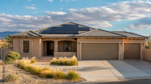 Fototapeta A singlestory home with a threecar garage, desert landscaping, and a tile roof under a partly cloudy sky in a sunny desert environment