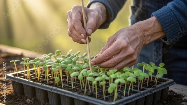 Fototapeta Closeup of hands carefully planting seedlings in a tray, symbolizing growth, nurturing, and the beauty of new beginnings in the garden