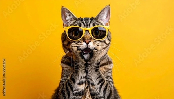Obraz カラフルな背景とサングラスをかけた驚いた猫　生成AI