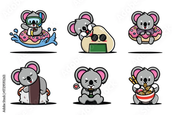 Fototapeta Cute cartoon koala mascot set with food and fun activities, adorable animal vector design