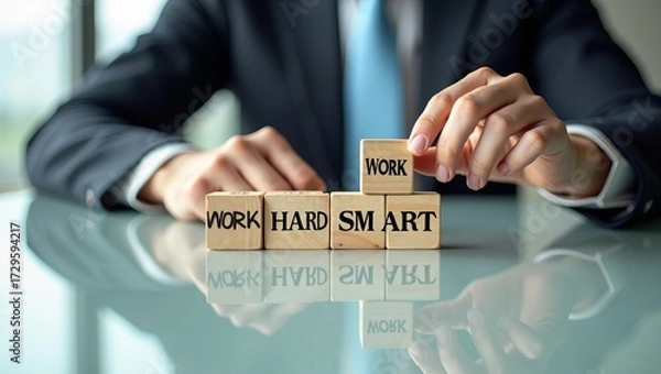Fototapeta Work smart not hard concept for business strategy, efficiency, and success. Businessman stacking wooden blocks on desk.