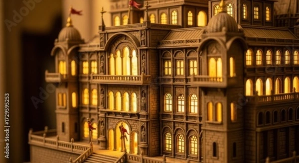 Fototapeta Detailed Model of Illuminated Historic Building with Warm Lighting and Architectural Details