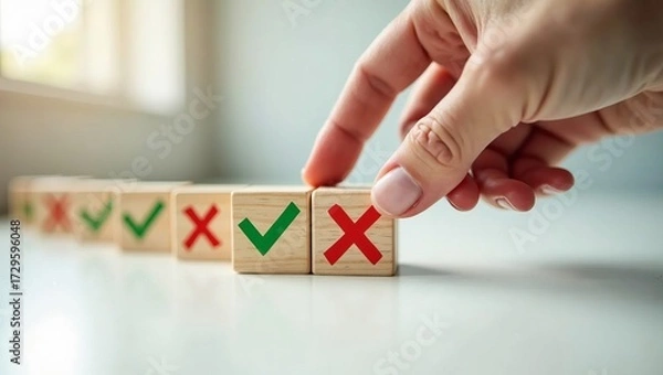 Fototapeta Decision making concept of choosing between right and wrong. Hand selects a wooden cube with a red cross or green check mark.